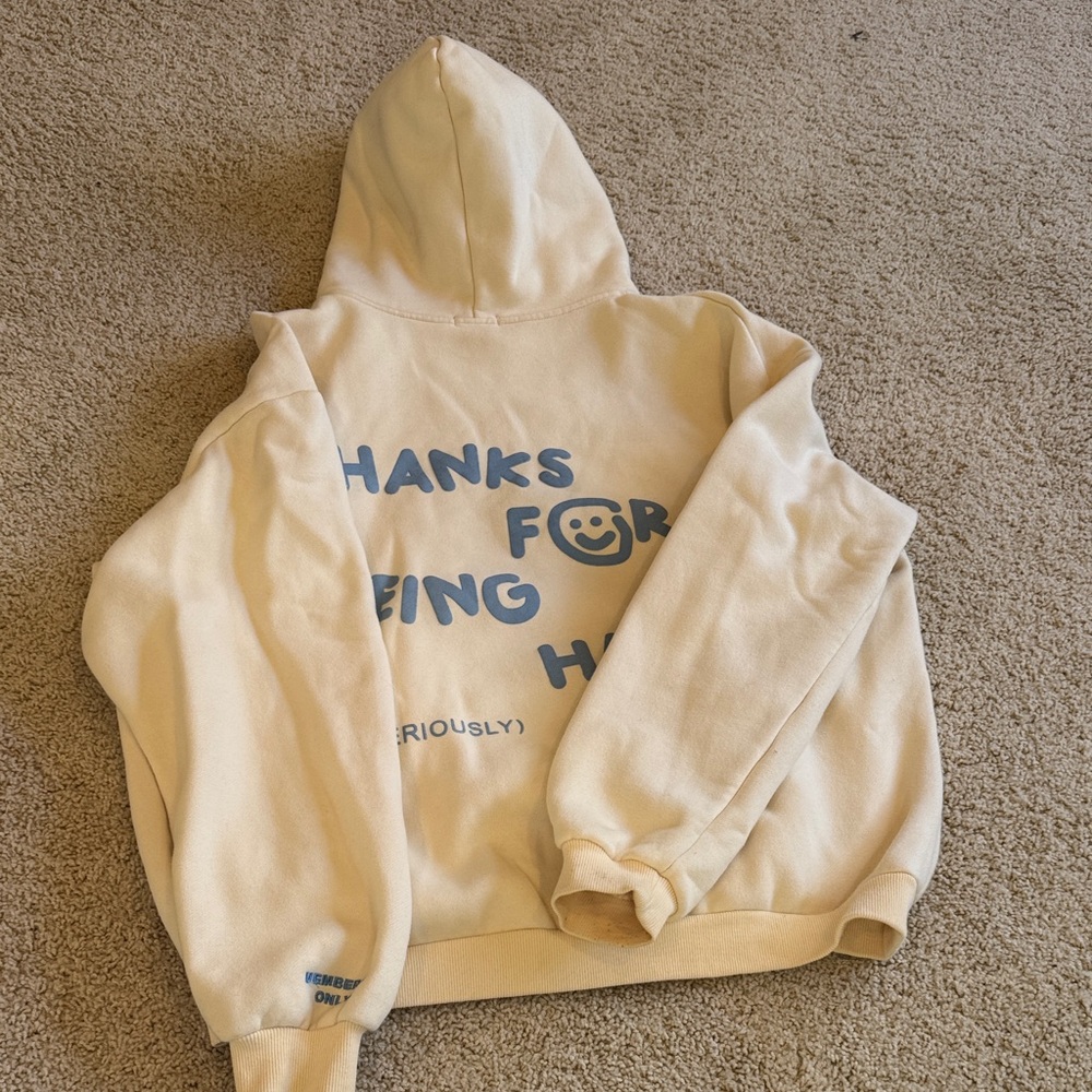 Yellow/Cream Drmerland Hoodie with Thanks for Being here in Blue Print